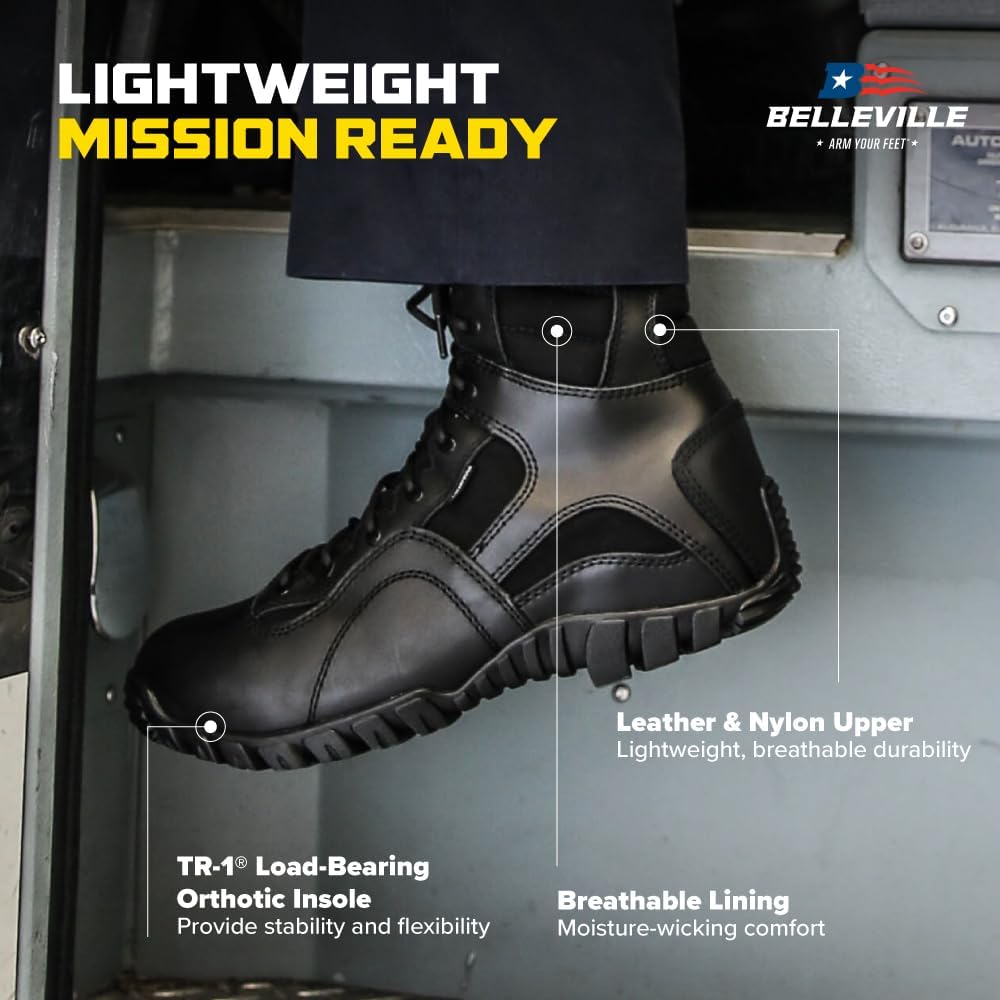 Belleville Khyber TR960Z 8" Lightweight Black Tactical Boots for Men with Zipper - Designed for Police, EMS, and Security Personnel with Vibram Ibex Traction Outsole