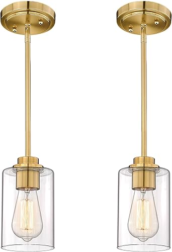 AD-22281-1P2-GD-C - Luces colgantes de latón para isla de cocina, paquete de 2 unidades, iluminación colgante dorada de granja con pantalla de