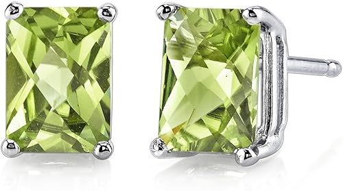 Peora Aretes de peridoto de oro blanco sólido de 14 quilates para mujer, piedra preciosa auténtica, piedra natal solitario, corte radiante de 0.276