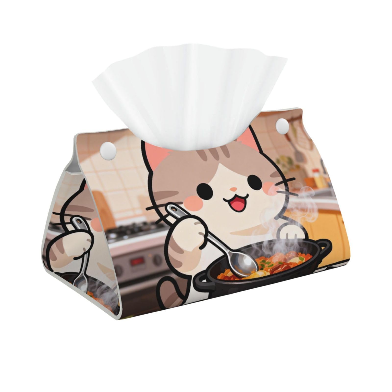 Cat Chef Cooking Long Leather Tissue Box Cover-Waterproof PU Leather Tissue Holder for Bathroom, Decorative Rectangular Tissue Case