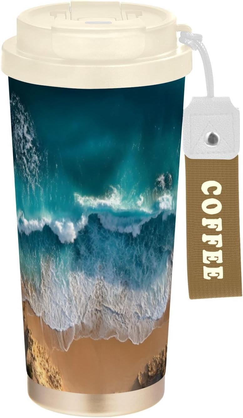 Beach Sand Insulated Coffee Mug with Straw & Flip Lid, 16.9oz Iced Tumbler Cup, Double Wall Vacuum Mug for Travel Office