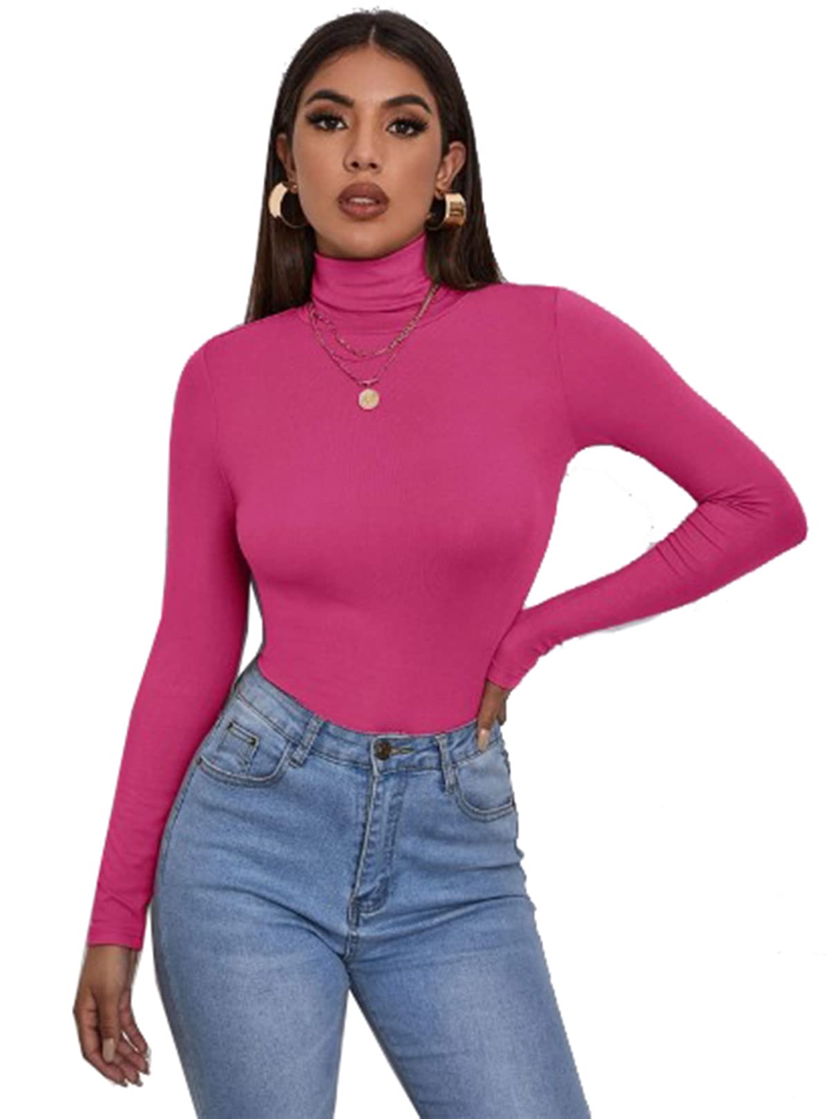 Zaif & Hari® Women's Polo Roll Neck Long Sleeve Turtle Neck Jumper - Ladies Plain Mockneck Casual Top (Fuchsia, 20-22)