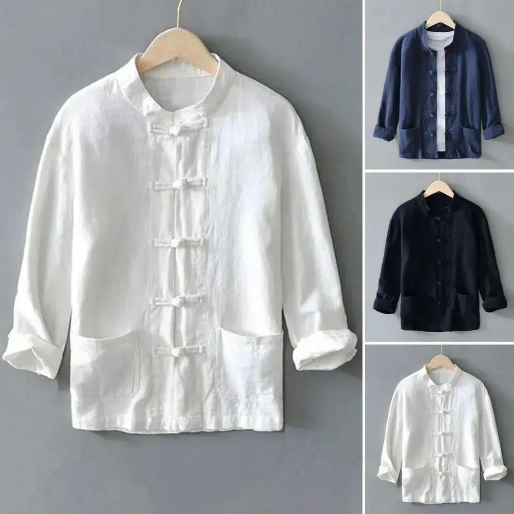 Button-up Long-Sleeved Shirt Chinese Style Men's Knot Button Cardigan Top Stand Collar Traditional Shirts
