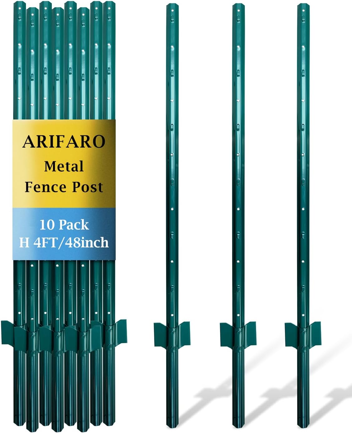 ARIFARO Fence Posts 4 Feet Sturdy Duty Metal Fence Post, Pack of 10, No Dig Garden U Post for Wire Fencing Steel Post for Yard, Outdoor Wire