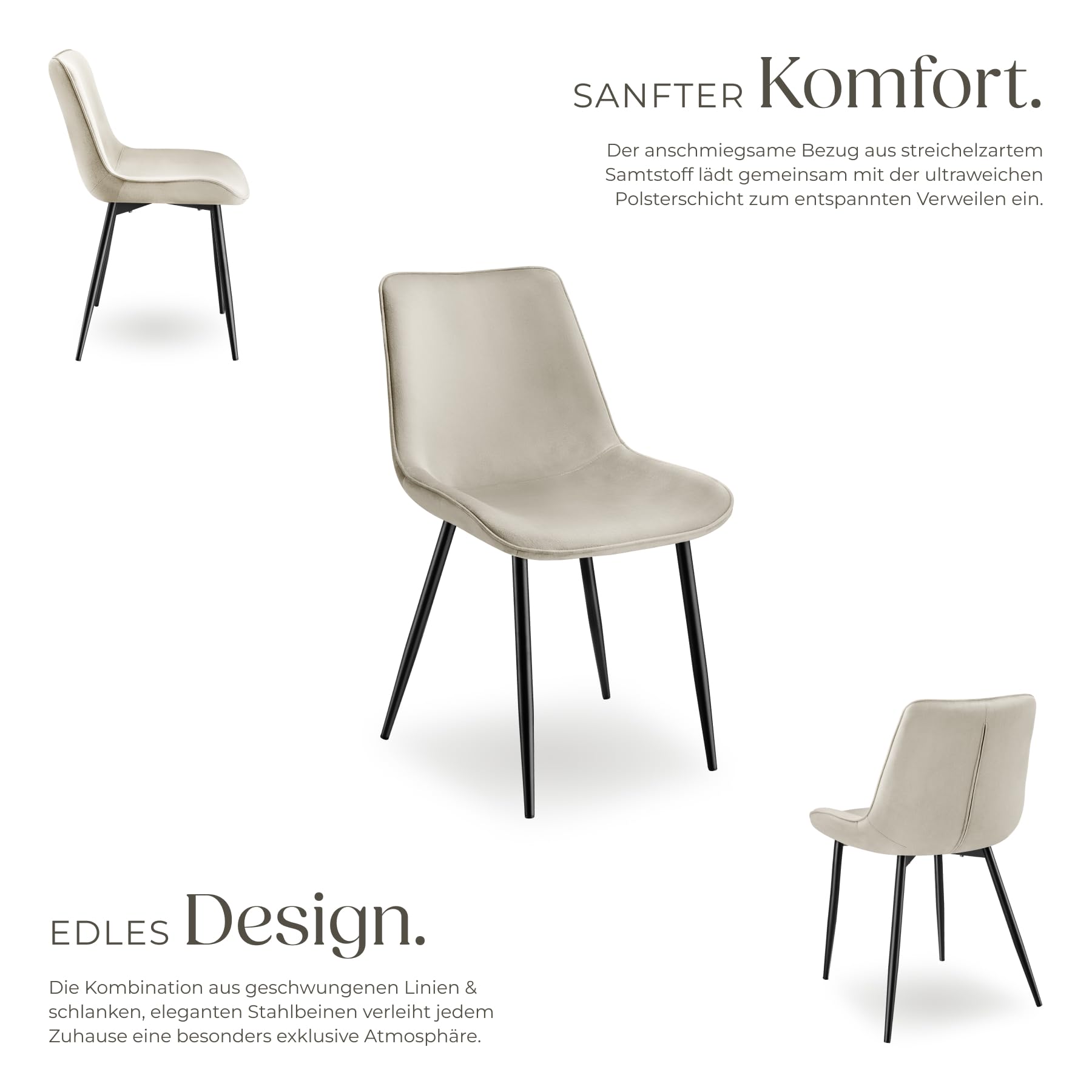 tectake® Esszimmerstühle 4er Set, Samtstoff Stuhl mit Rückenlehne, ergonomische Essstühle, bequemer Küchenstuhl, Esszimmerstuhl, Cocktailsessel für Lounge, Dining, Küchentisch - Creme