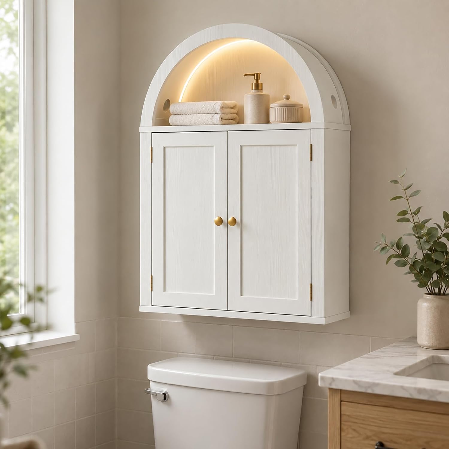 Bathroom Wall Cabinet with LED Arch and Storage, White