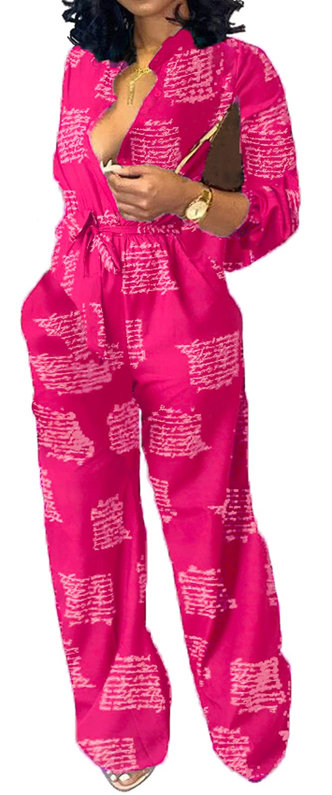 CuteCherry Women Jumpsuits Elegant Long Sleeve Sexy V Neck Casual Long Wide Leg Pants with Pockets Belt