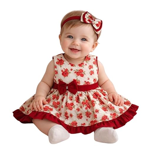 Vestido Curto Para Bebê Menina Ariele Floral Luxo Algodão 02 Peças (BR, Alfa, XGG, Bebê, Vermelho)