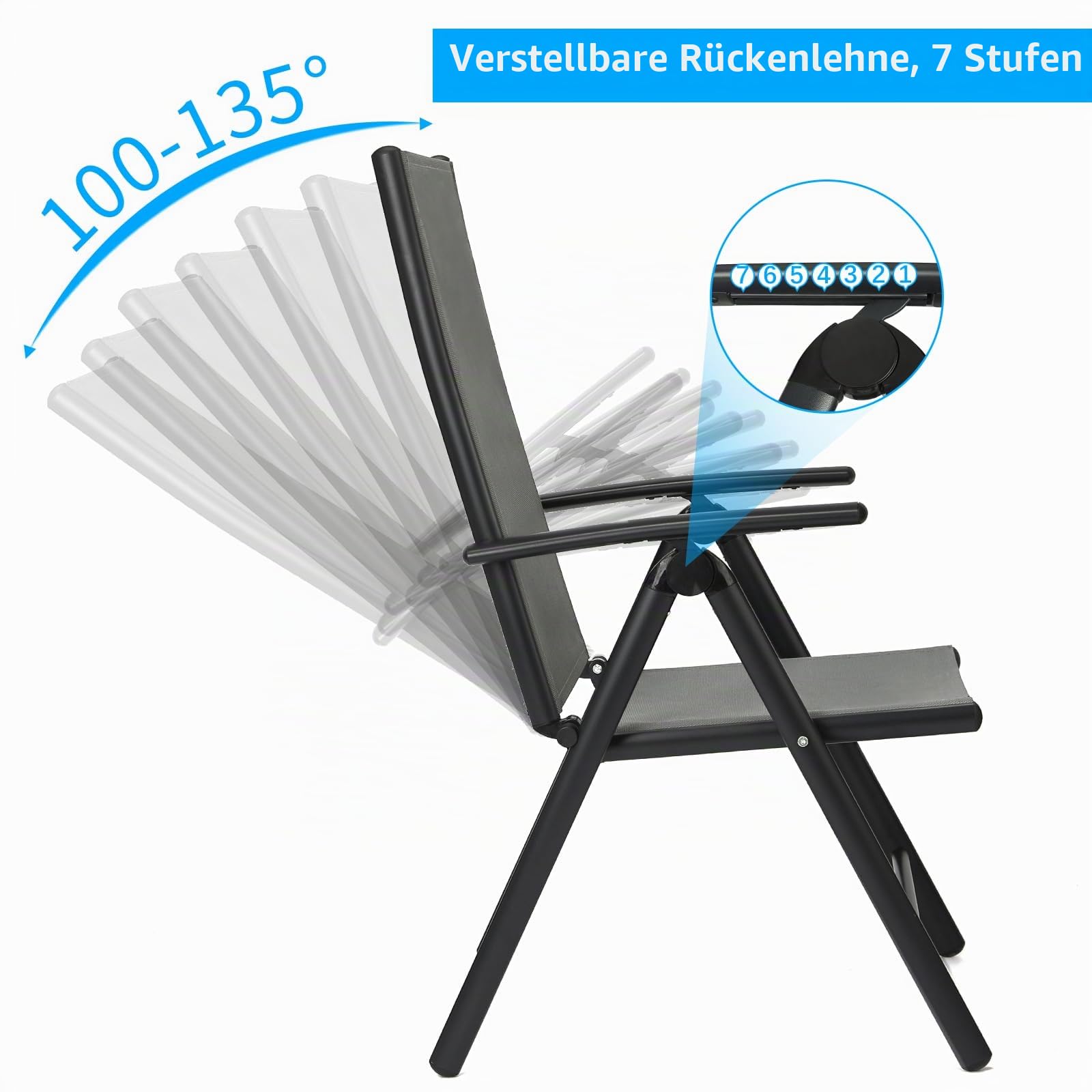 LIFERUN Gartenstuhl Hochlehner Klappbar, Alu Balkonstuhl 2er Set | Gartenstühle 7-Fach Verstellbar bis 120kg, Gartensessel Outdoor, Wetterfest, Klappstuhl Campingstühle, Dunkelgrau
