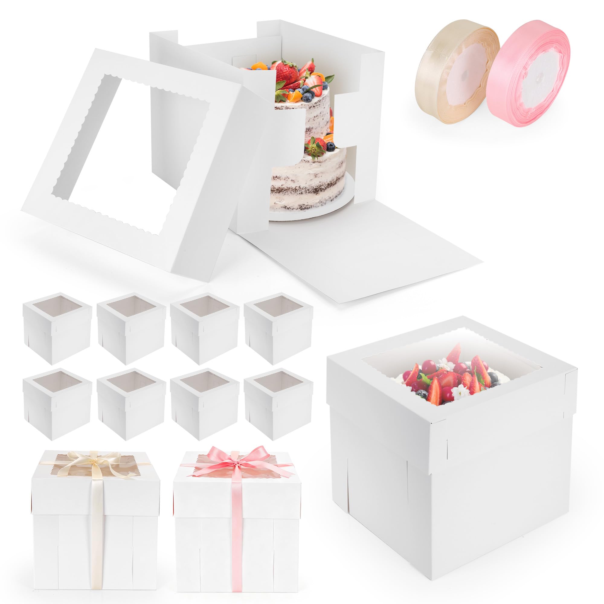 Kuchenschachteln, 25,4 x 25,4 x 25,4 cm hoch, mit Sichtfenster, für Kuchen, Transportbehälter mit Deckel, quadratisch, Pappkarton, 12 Stück