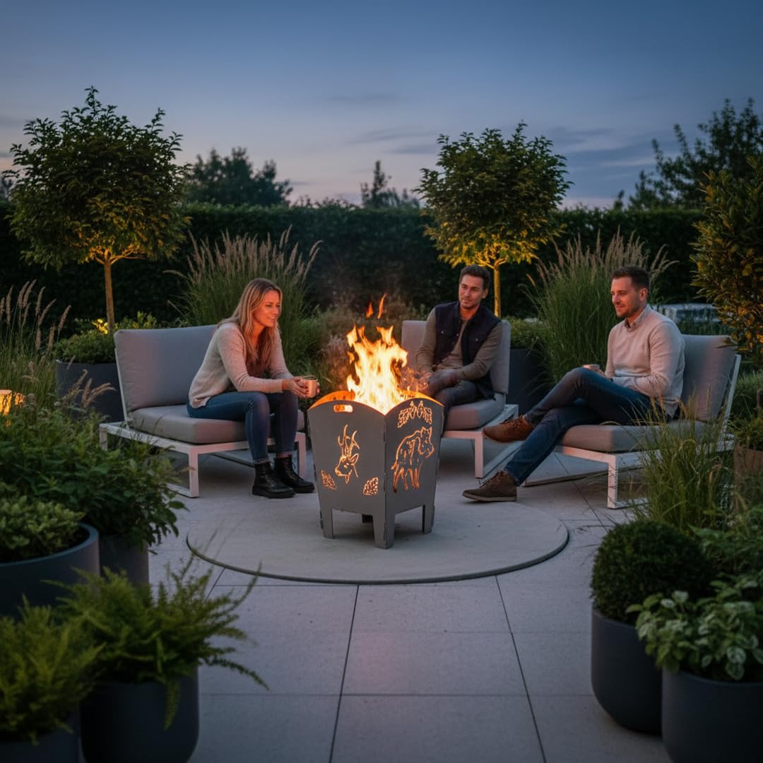 Terma Stahldesign Feuerkorb Jäger Wildschwein Rehbock 70 cm Feuertonne massiv Stahl Feuerstelle Garten Terrasse zerlegbar optional Feuerplatte Handmade Germany