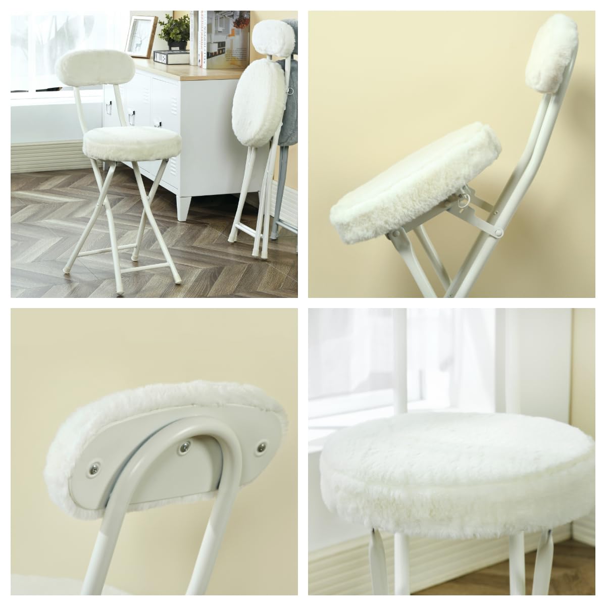 MEUBLE COSY Set di 4 Sedia Pieghevole con Schienale e Poggiapiedi, Imbottiti in Faux Pelliccia, Gambe in Metallo per Reception, Soggiorno e Ufficio, Bianco