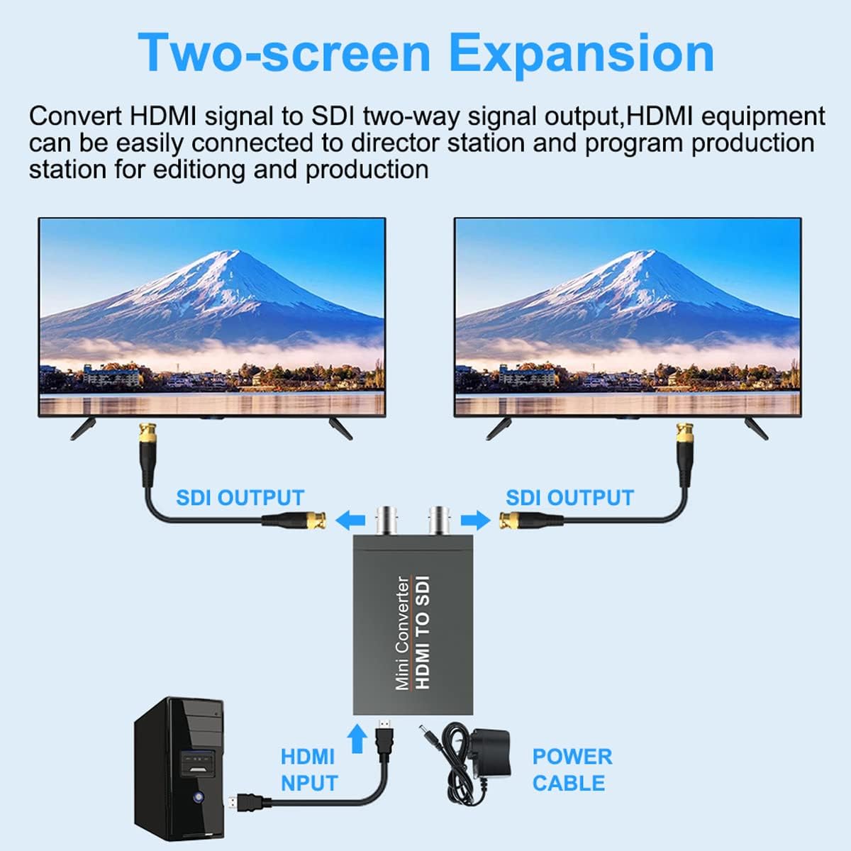 HDMI to SDI Converter, Converter One HDMI in Two SDI Output (with Power Supply Adapter, Audio Embedder Support HDMI 1.3, SD/HD/3G-SDI 1080P for Camera CCTV