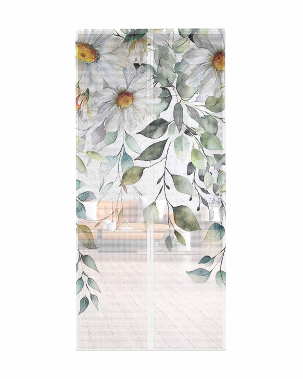 Magnetisches Fliegengitter mit Eukalyptus-Frühlingsmotiv (Aquarellmuster), strapazierfähiger, selbstabdichtender Vorhang für Schiebetüren (einflügelig, französisch).