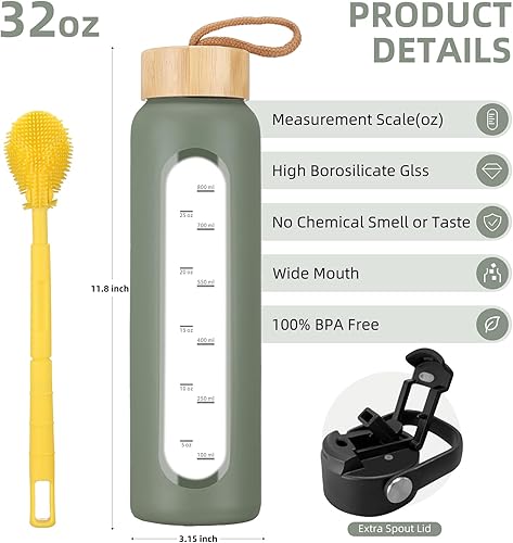 Miniatura 2 de Botella de agua de vidrio de 32 onzas con 2 tapas, tapa de popote y tapa de bambú, vaso motivacional de 1 litro, marcador de tiempo, botellas de