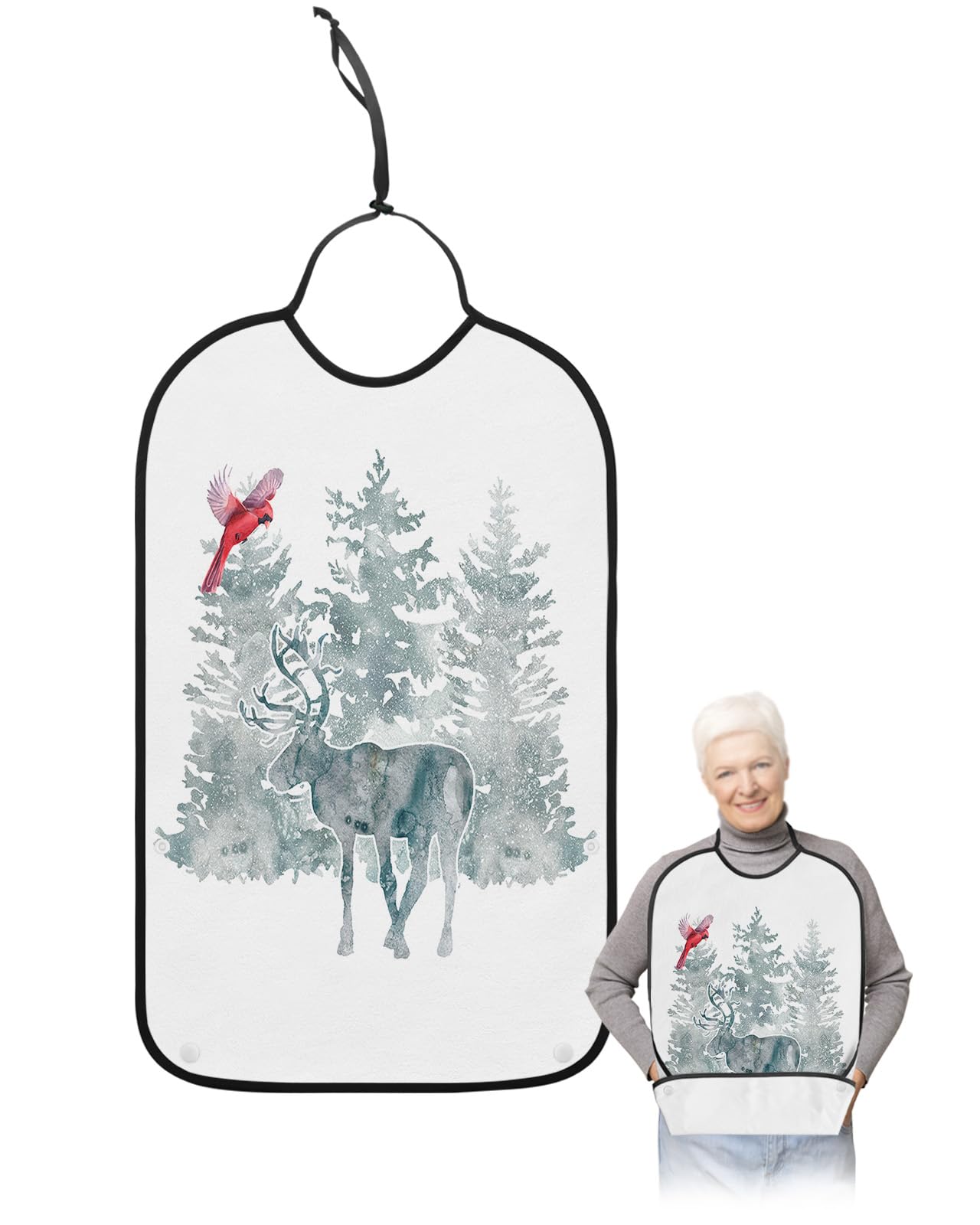 Adult Bibs for Elderly Women - Christmas Waterproof Dining Clothing Protectors with Crumb Catcher for Eating/Feeding, Teal Elk Xmas Tree Birds Winter Snowflake Terry Cloth Bib Machine Washable