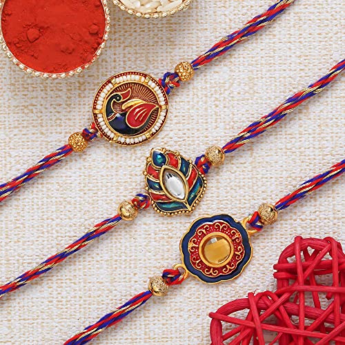 Image of eCraftIndia Multicolor Set of 3 Semi Precious Stone Designer Rakhis with Roli Chawal Pack - Rakhi for Brother