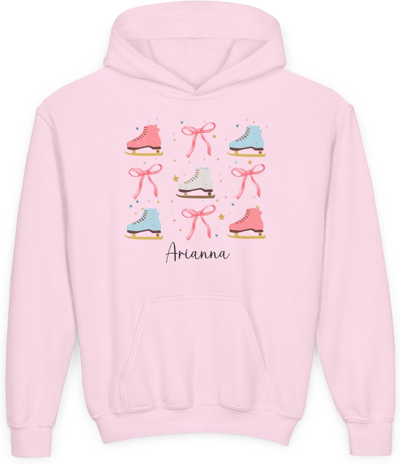 Personalized Ice Skating Hoodie for Girls, Custom Name Hooded Sweatshirt with Figure Skates and Bows, Youth Ice Skater Gift, Figure Skating Shirt with Ribbons, Kids Winter Sports Apparel