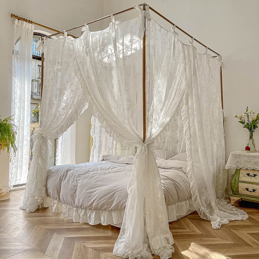 Mengersi Canopy Bed Curtains with Tie Backs,Bed Canopy Curtains Bed Drapes Sheer Curtains for Bedroom Decor（Queen,White