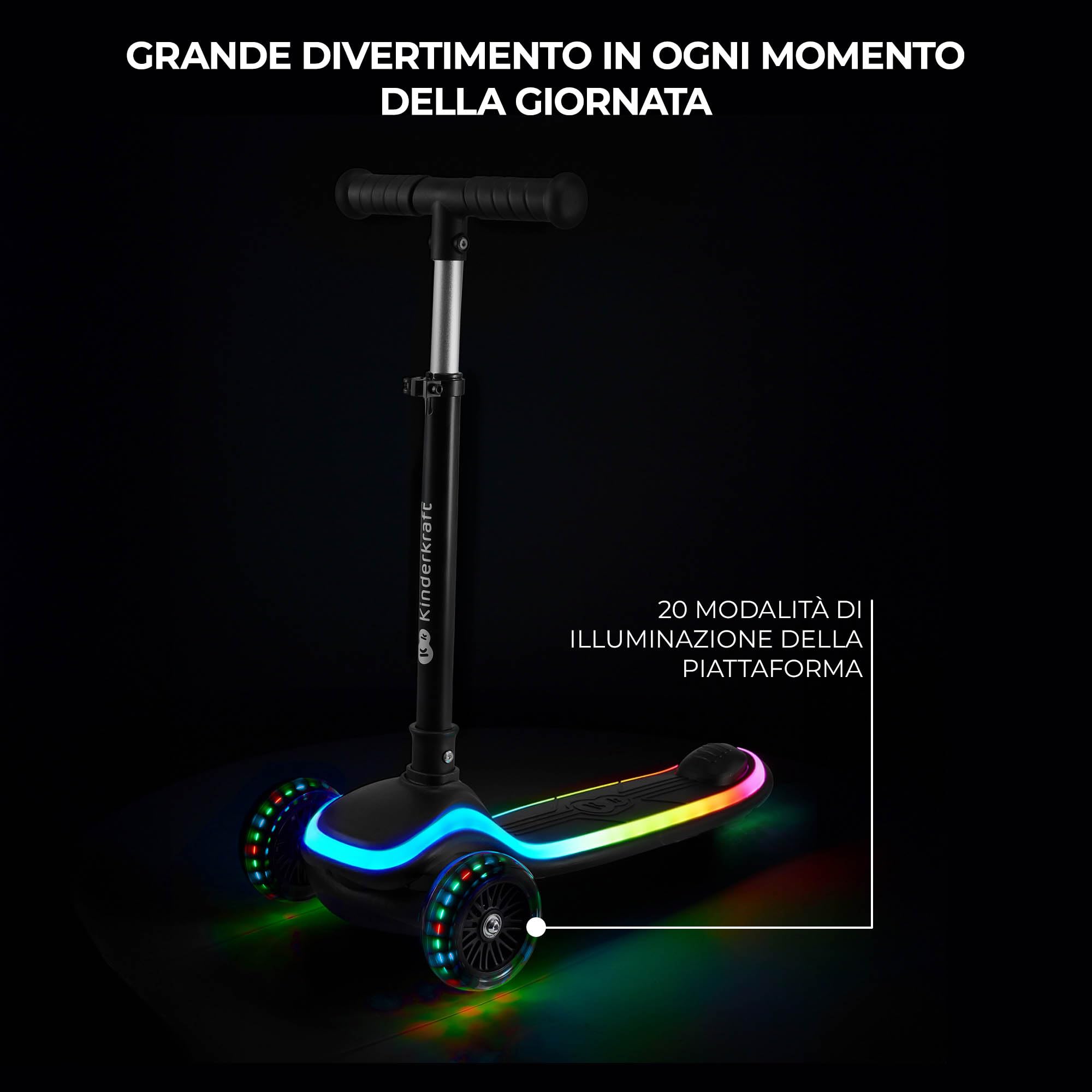 Kinderkraft RAKET Monopattino Bambini 2+ Anni a 3 Ruote con Luci LED RGB – Leggero e Pieghevole, Manubrio Regolabile, Sistema di Equilibrio, Freno Sicuro, Rosa