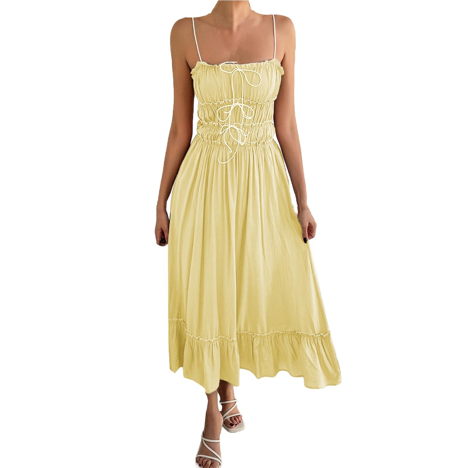 Générique Robe éTé Femme Fluide Bretelles Spaghetti Coton Boheme Robe à Bretelles Elegant Chic Robes Lin sans Manches DéContracté Quotidien Boho Plage Vacances Plage éTé