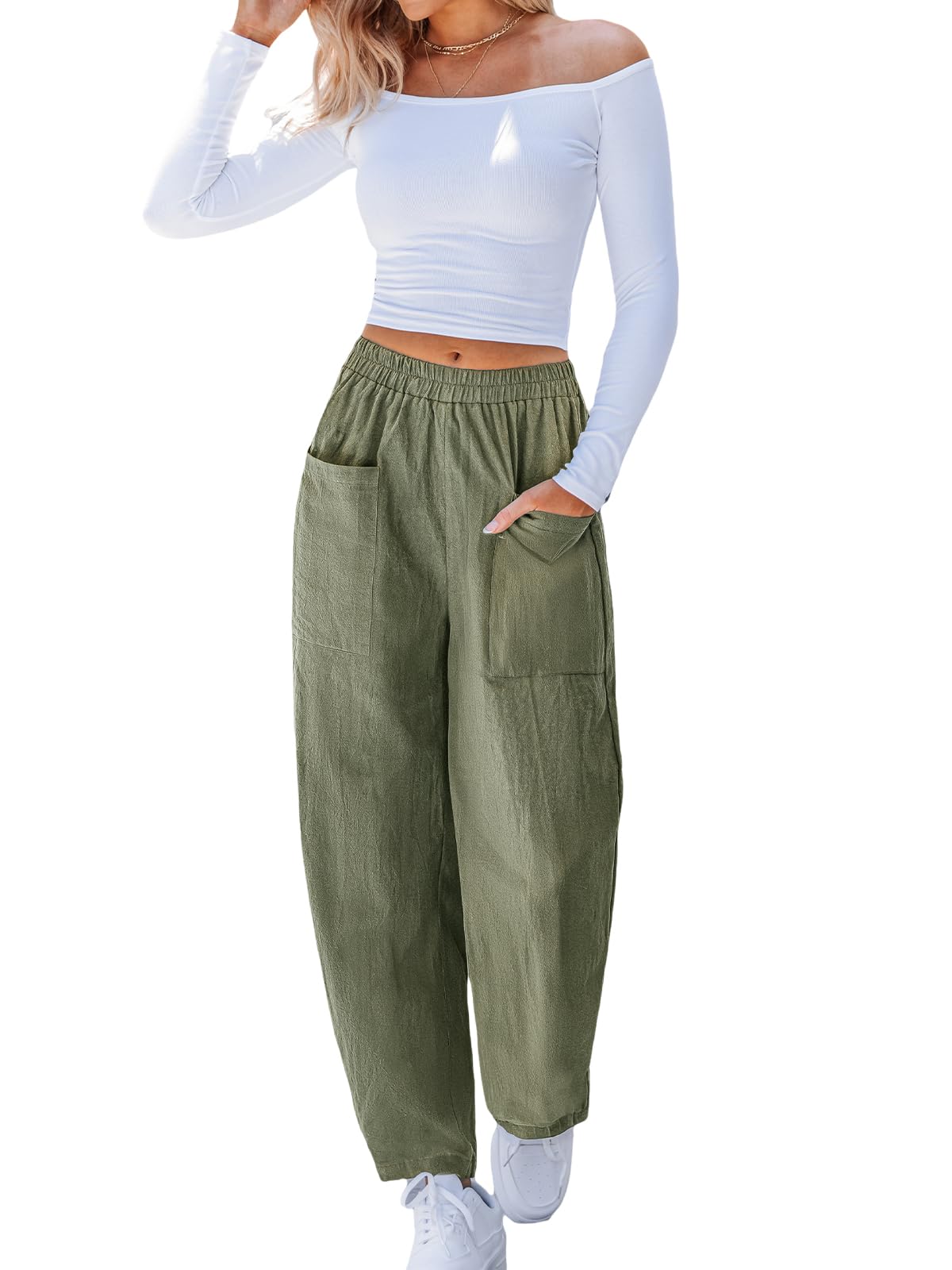 CUPSHE Women Pants High-Waisted Cargo Pant Pockets Leg Cotton Fit Coverup Elastic Work Casual Dressy