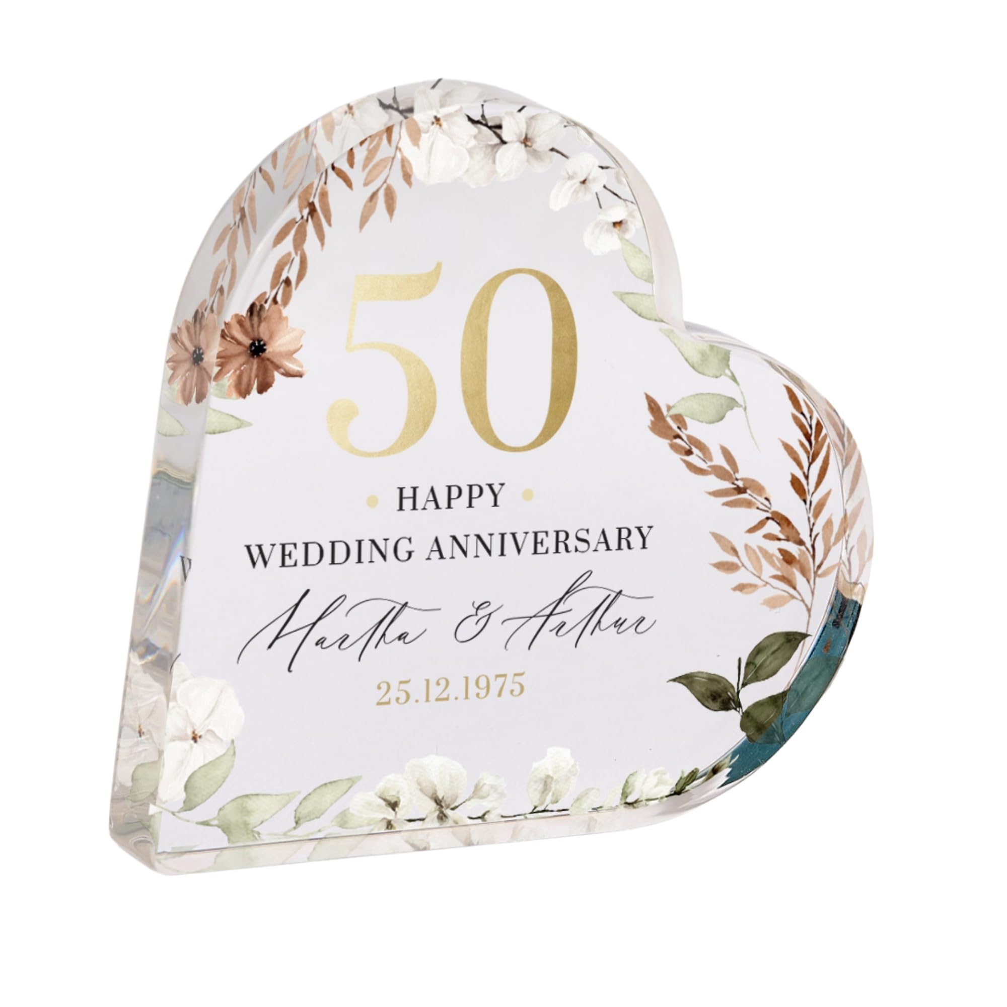 Pomchick - Personalised 50th Wedding Anniversary Golden Heart-Shaped Acrylic Plaque Custom Keepsake with Names Date Elegant Gold Wedding Present