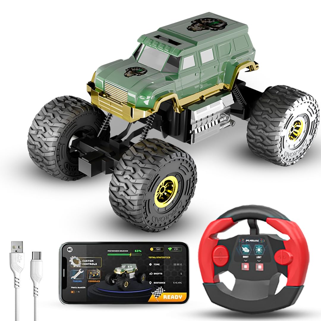 Cockatoo-Kids Trailblazer 2WD Rechargeable Remote Control Car with App & Remote, Off-Road Monster Truck Toy for Boys Girls, Nitro Boost, Shock Absorber, Bluetooth Speaker, Fast USB Charging, Green-image-11