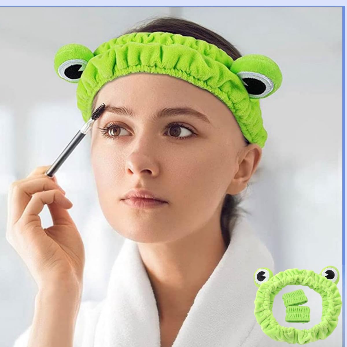 Fascia per capelli a forma di rana, fascia da spa e polsi, fascia per la cura della pelle, fascia per il trucco, set per lavaggio viso elastico per ragazze e donne