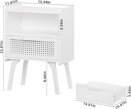 Miniatura 3 de Lerliuo Mesita de noche de ratán, mesa auxiliar con cajón abierto, mesa auxiliar de noche con acento de caña con patas de madera maciza, mesita de