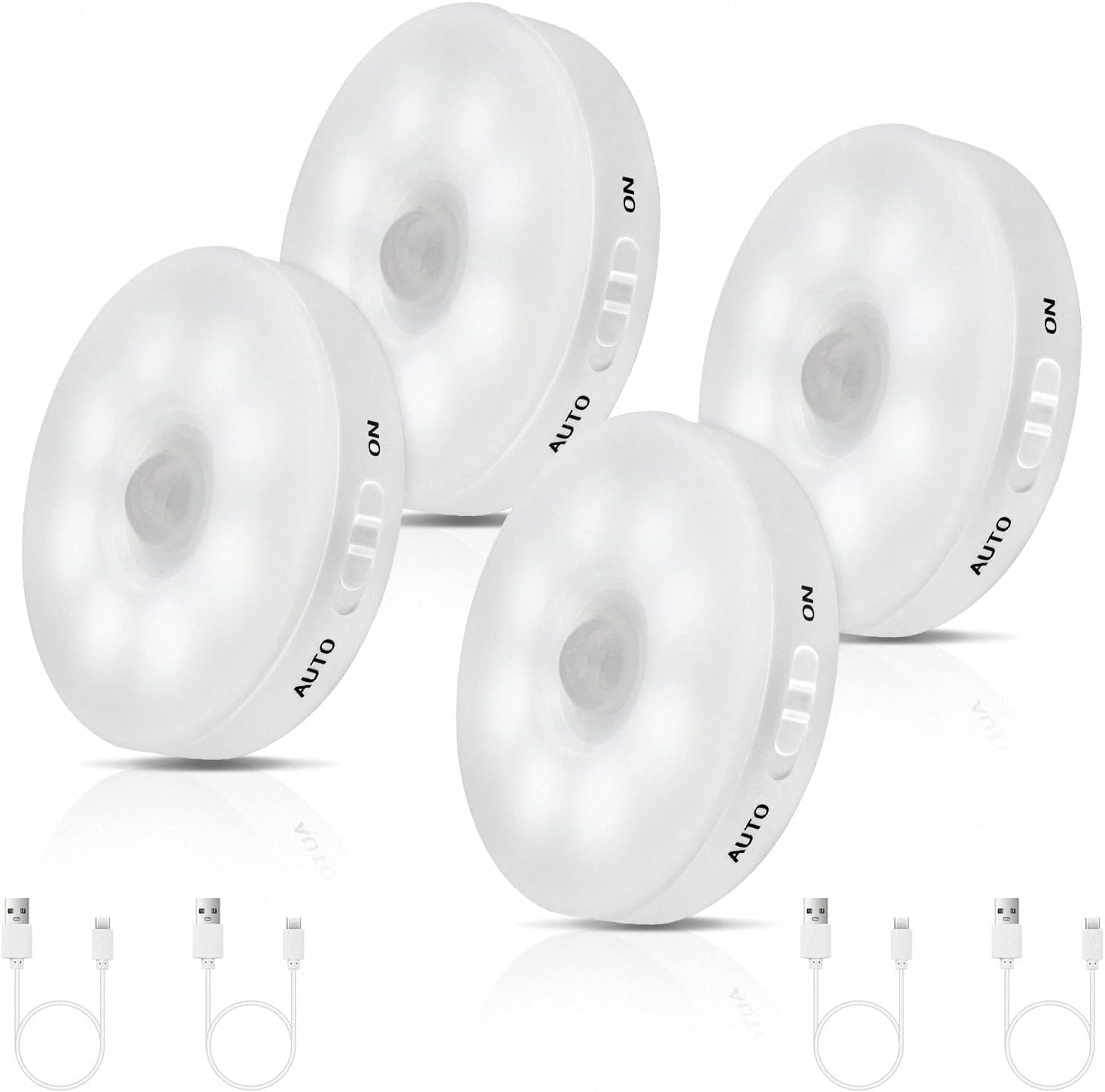 4 Pcs White Motion Sensor Light - Wireless Self Adhesive Stick On LED Nightlight Rechargeable Body Sensor Wall Light with ON/Off Switch for Hallway, Wardrobe, Bedroom, Stairs