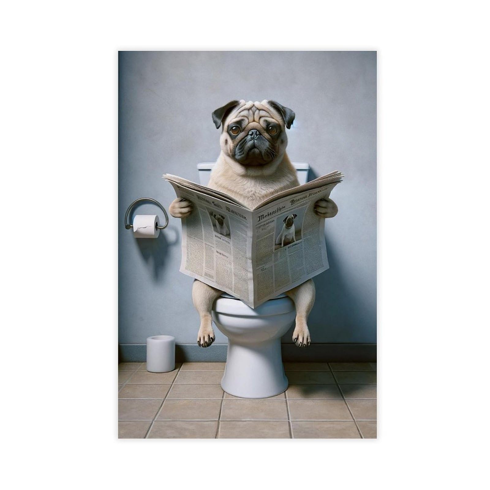 Bncedjk Photograph Of A Pug Dog Reading The Newspaper On The Toilet, Canvas Poster Wall Art Print Picture Paintings 12X18inch(30X45cm)