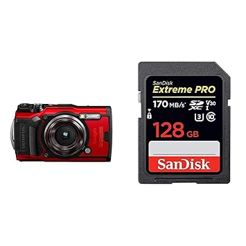 Olympus TG ? 6 Red Water Proof Camera, 12 MP, 4X Zoom Lens, LCD Rear Screen + SanDisk 128GB Extreme Pro SDXC UHS-I Card - C10, U3, V30, 4K UHD, SD Card