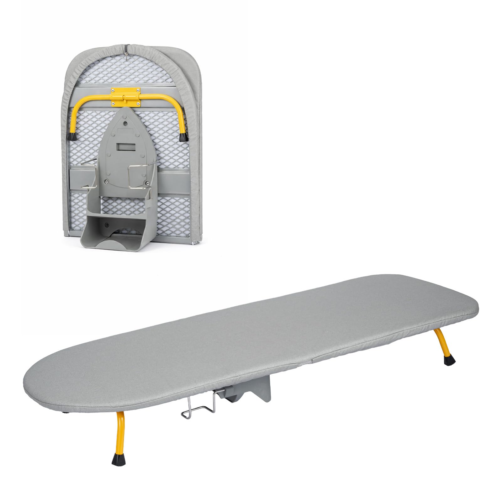 GreenWhim 90cm Table Top Ironing Board with Iron Storage Compact Folding Space Saving Design Wall Mounted with Hanging Hook (Grey)
