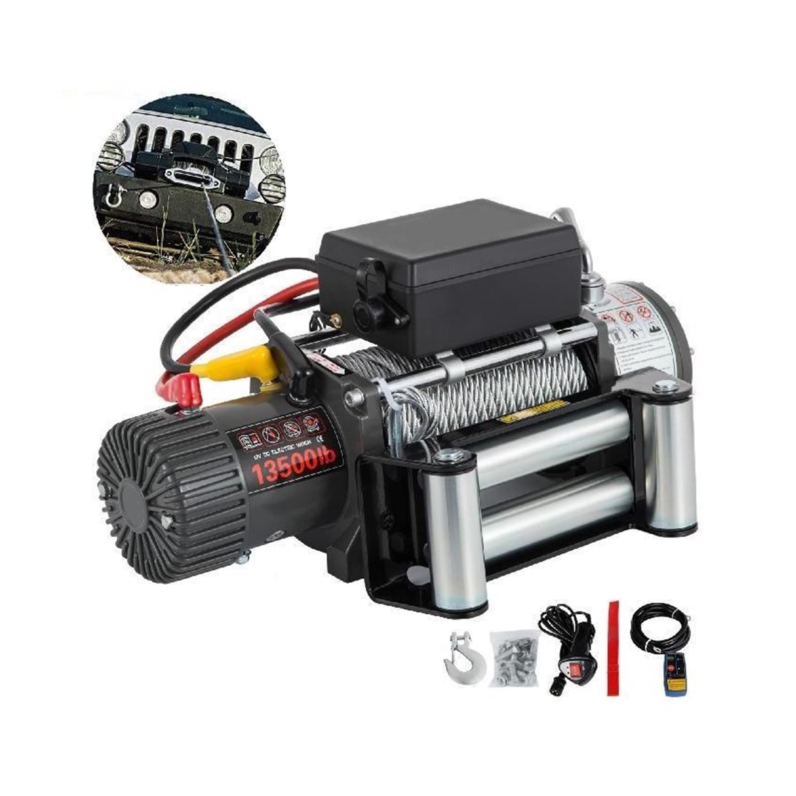 Wciągarka elektryczna 12V 6125kg Wciągarka holownicza z 24m stalową liną dla hobbystów Wciągarka elektryczna do ciężarówki (Color : 1500W, Size : 13500LBS_27M)