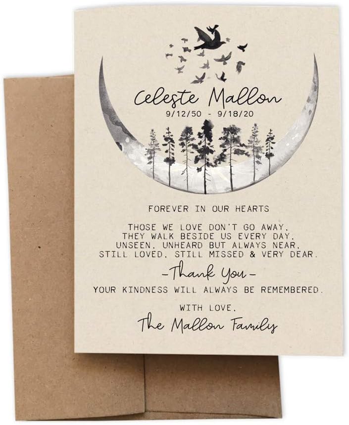 Personalized Funeral Acknowledgement Cards - Birds Trees Moon - Sympathy Thank You Bereavement Flat Notecards - Eco Friendly