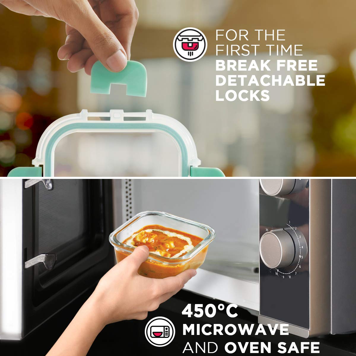 Allo Recipientes de vidrio seguros para alimentos con tapas con bloqueo sin roturas, recipientes aptos para horno y microondas, recipientes de almacenamiento de alimentos de vidrio de borosilicato