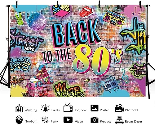 Miniatura 3 de Fondo de 7 x 5 pies de Back to the 80's Colored Graffiti Brick Wall 80s con temática de fotografía de fondo Splash Hip Hop Disco Retro 80's