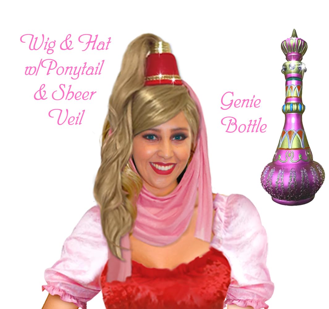 Jeannie the Genie Wig Hat Ponytail & Bottle Accessories Pink