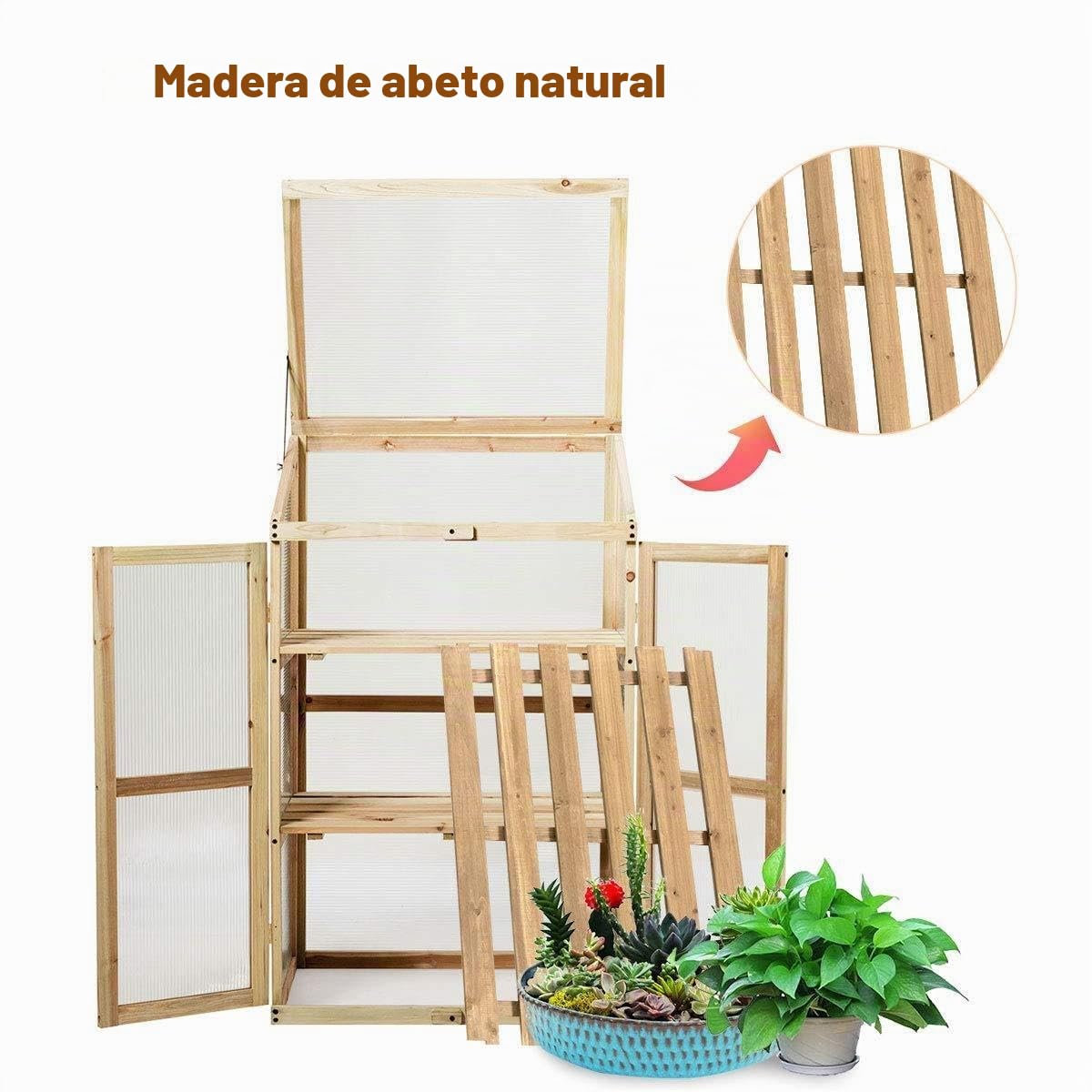RELAX4LIFE Invernadero de Madera de 3 Niveles con 2 Puertas y Tapa Abatible, Invernadero para Macetas con Placas de Policarbonato para Jardín, Balcón y Terraza, 60x45x100cm, Natural