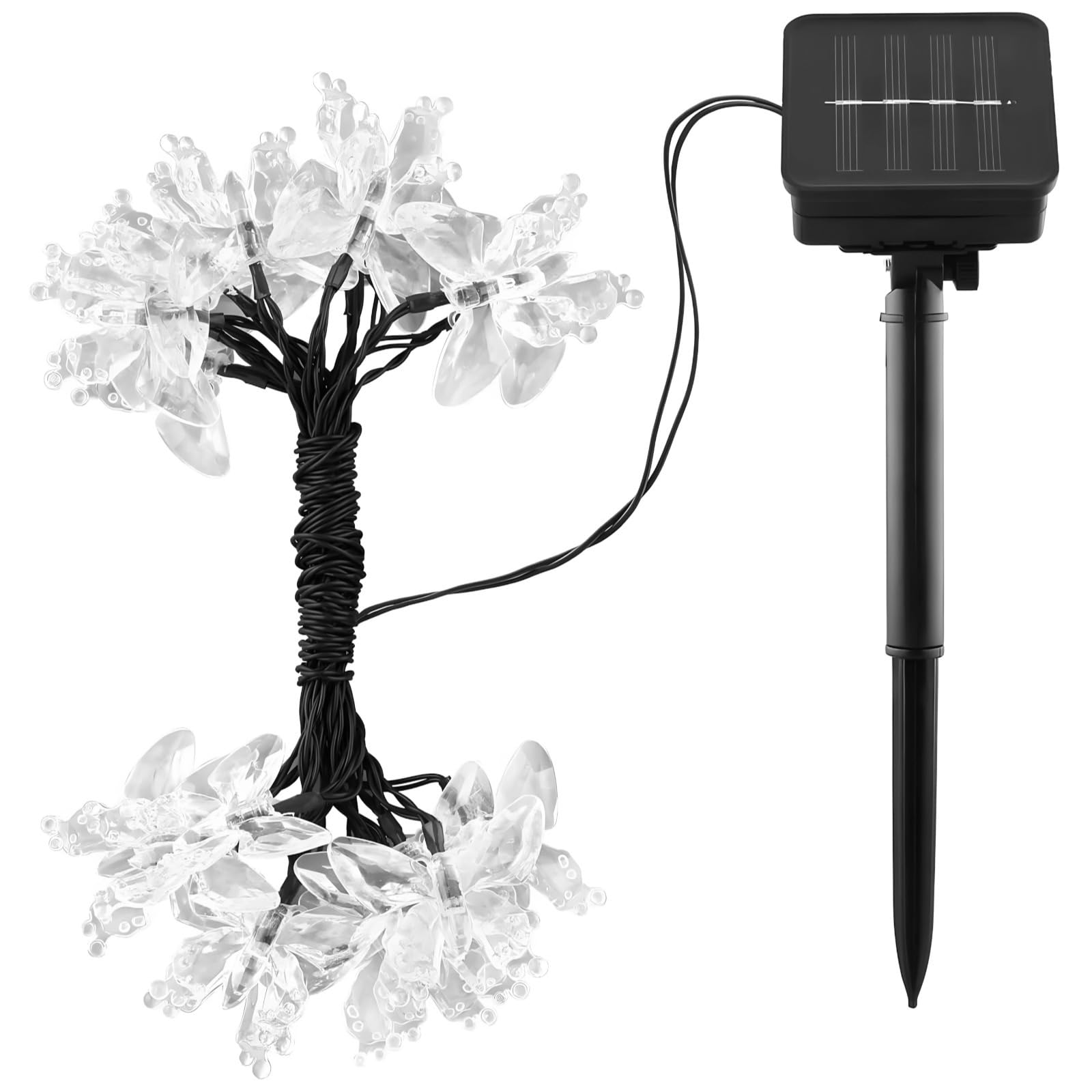Ciepłe żółte lampki motylkowe, 100 diod LED, solarne światła zewnętrzne, 12 m, zasilanie bateryjne, IP65, do dekoracji podwórka, ogrodu i świąt
