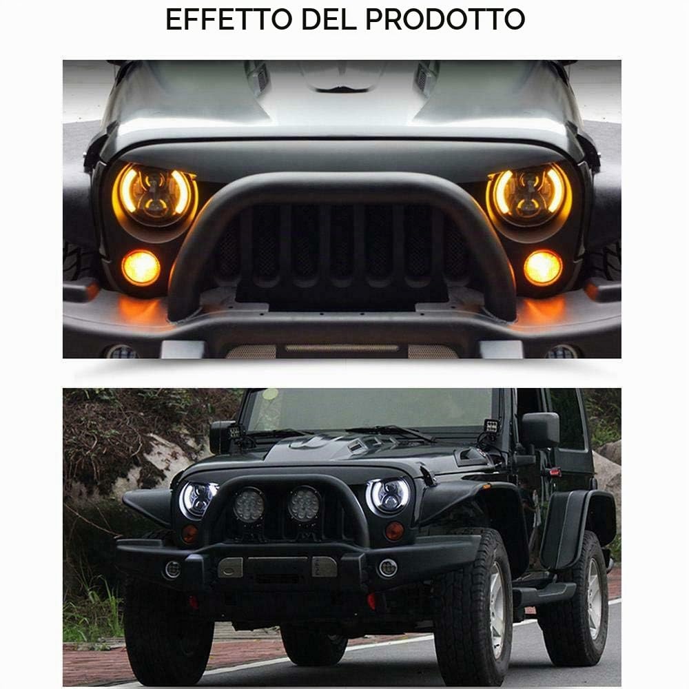 Faro rotondo a LED da 18 cm, 110 W, argento, luce bianca e gialla, indicatore di direzione, proiettore DRL (fari di circolazione diurna), con anelli, 2 pezzi, alogeni