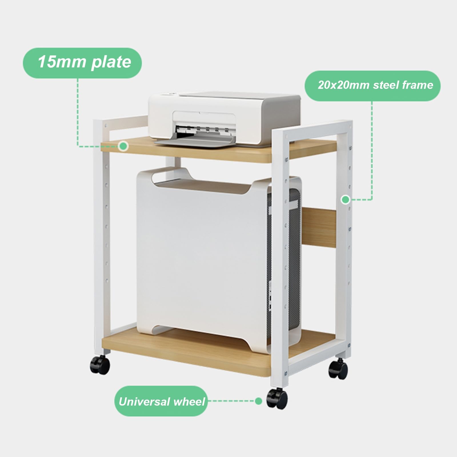 Tavolo per stampante regolabile in altezza con rotelle – Supporto per computer a 2 livelli per CPU, trituratore e PC portatile – ideale per casa, ufficio e gioco