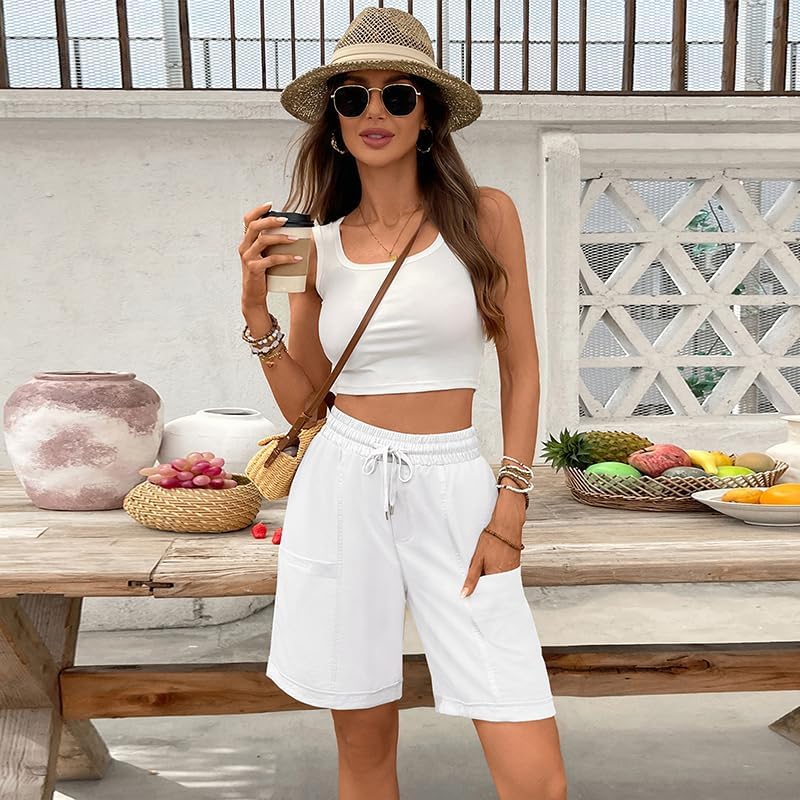 Oymyakon Women's Bermuda Long Shorts Summer 8'' High Waisted Casual Short Elastic Drawstring Pull On Short with Pocket - Image 3