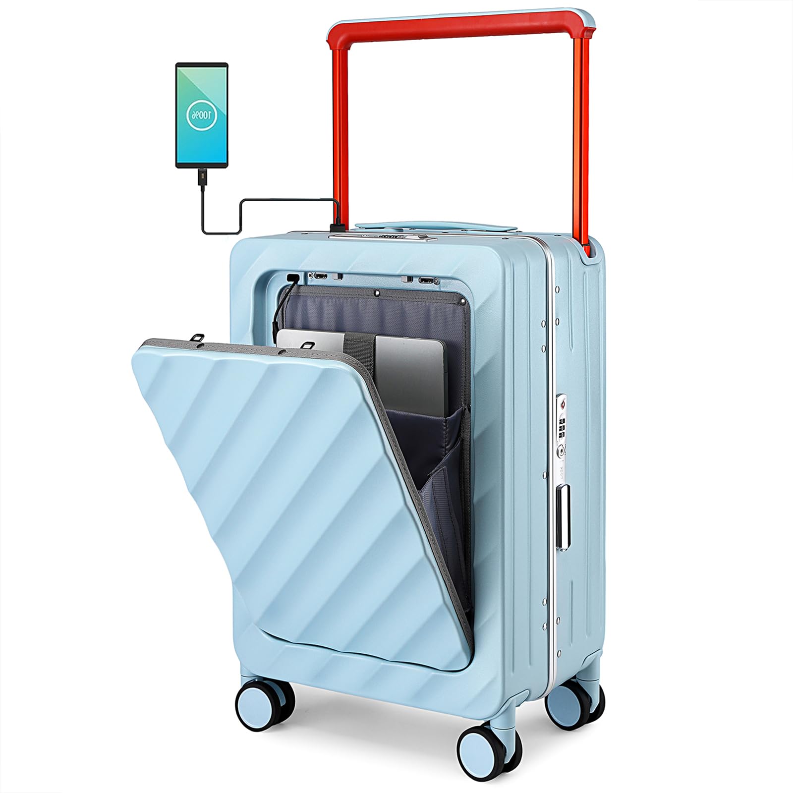 Somago 20inch Carry On Luggage Wide Handle Airline Approved Aluminum Framed Travel Suitcase PC Hardshell with USB Charging Port Front Compartment No Zipper Suitcase(Light Blue)