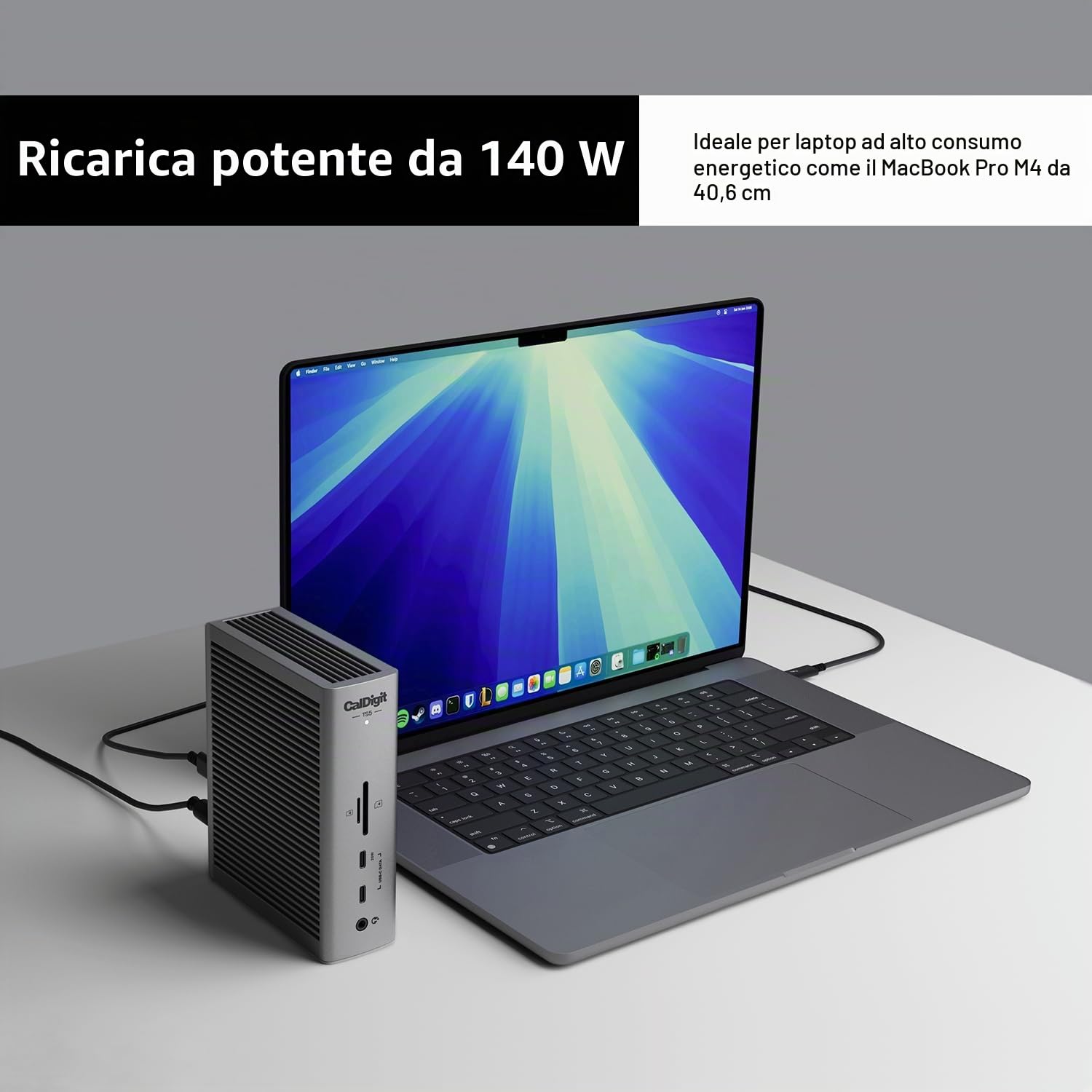 CalDigit TS5 - Dock Thunderbolt 5 - 15 porte, ricarica dedicata host 140W, Thunderbolt 5 80 Gb/s x4, USB-C 10 Gb/s x3, USB-A x2, 2.5 GbE, Dual 8K@60Hz, SD & microSD UHS-II, cavo intrecciato da 1 m