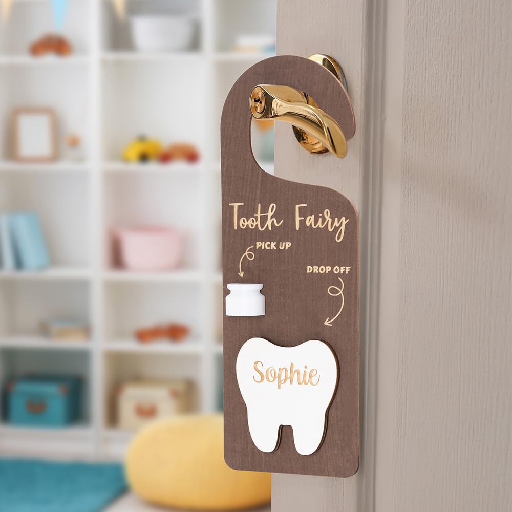 Custom Tooth Fairy Door Hanger, Personalized Engraved Name Wooden Tooth Fairy Money Holder with Money Slot and Tooth Pickup Box Gift for Kids