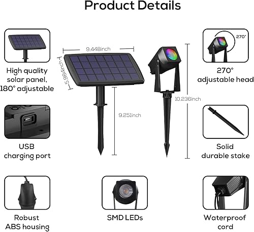 Miniatura 6 de FMART Paquete de 8 focos solares RGBW con Bluetooth para paisaje, luz de paisaje, luces solares para exteriores, luces solares para exteriores, para