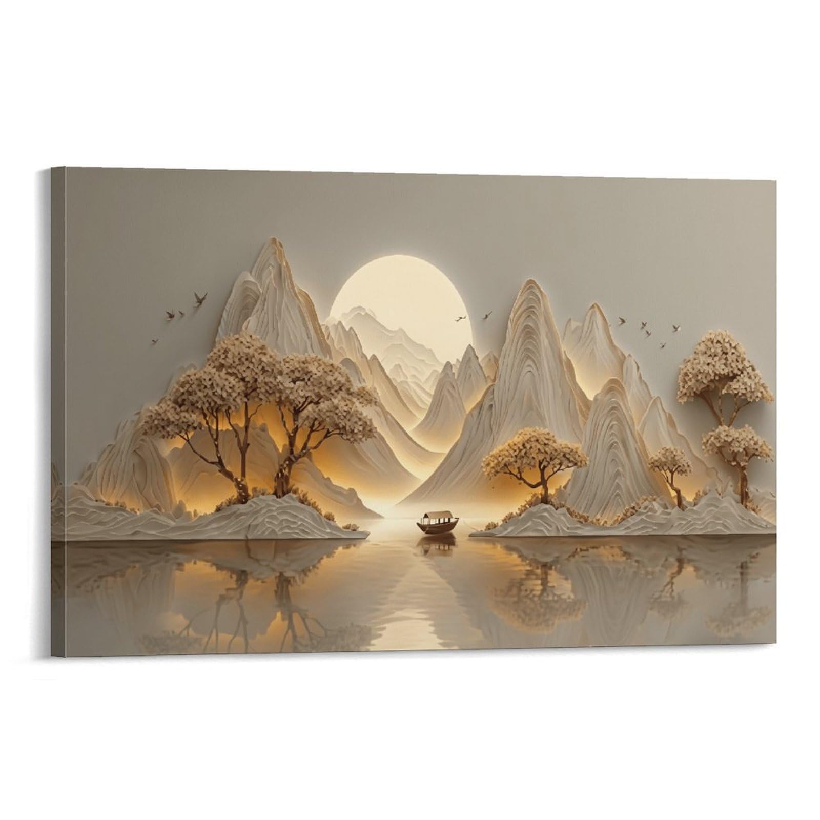 XPASHIQWC New Chinese Relief Landscape Warm Light Wall Decor Poster Canvas Prints Picture Modern Wall Art Picture Wall Hanging for Home Decorations 20x30inch(50x75cm)