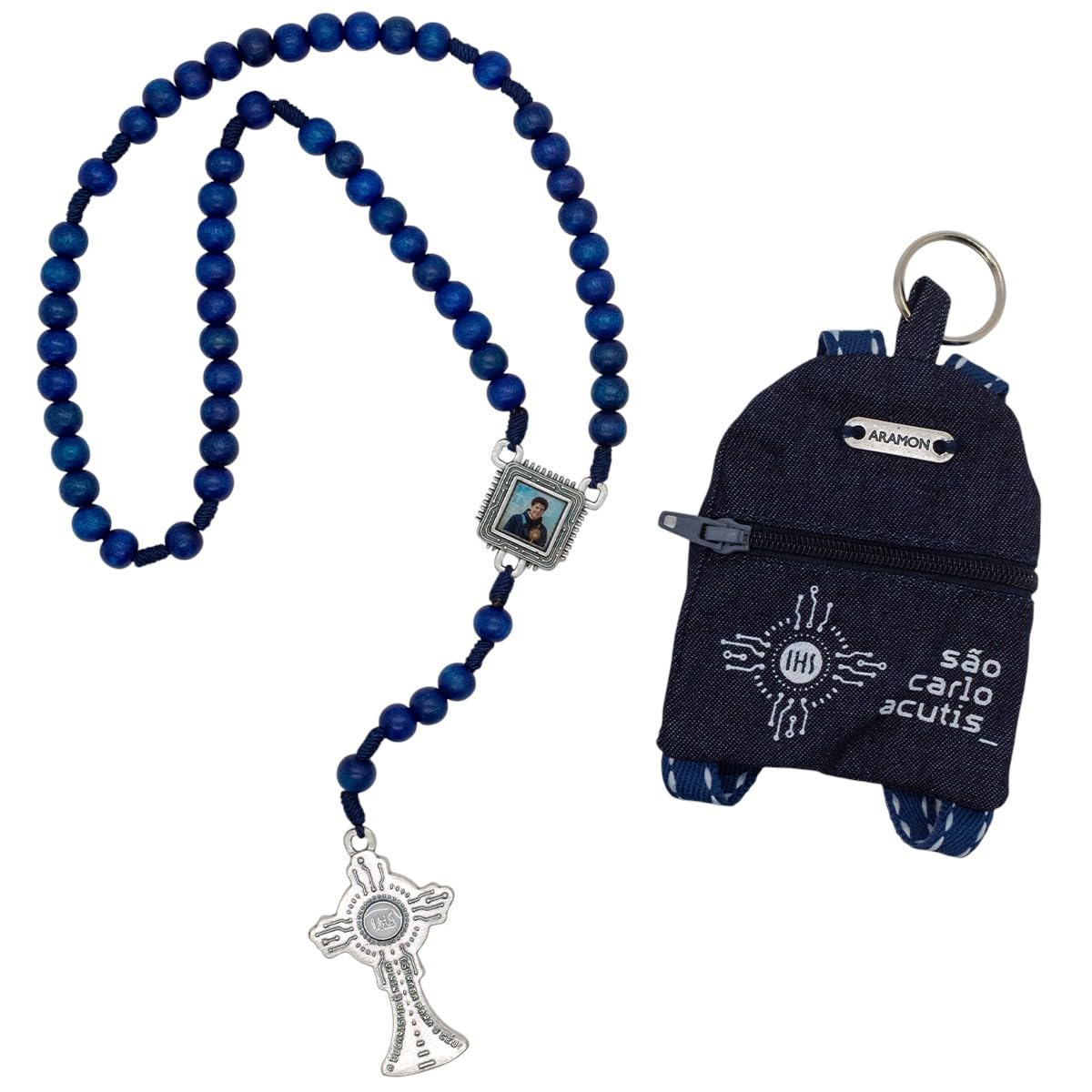VILLAGE GIFT IMPORTERS Saint Carlo Acutis Rosary with Mini Backpack Keychain Pouch | Patron Saint of the Internet, Blue, Medium